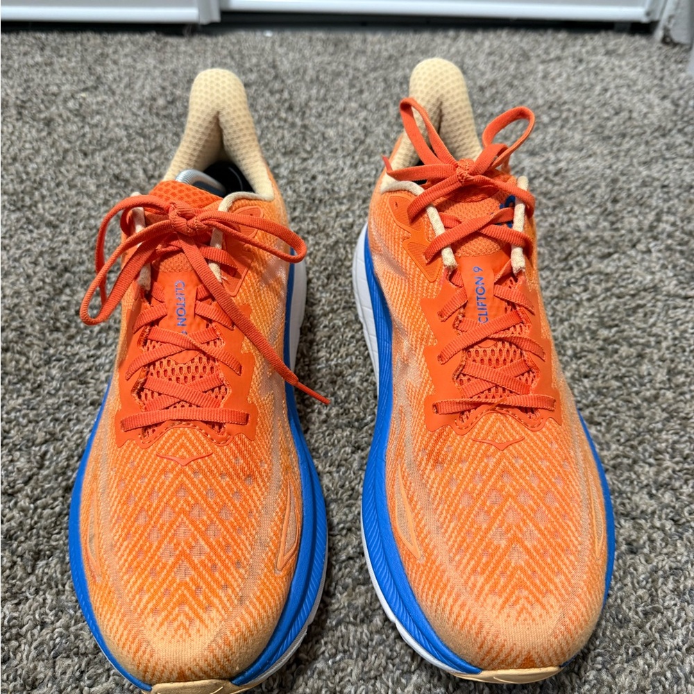 Hoka Clifton 9 Dynamic Orange and Blue Sneakers - Picture 3 of 8